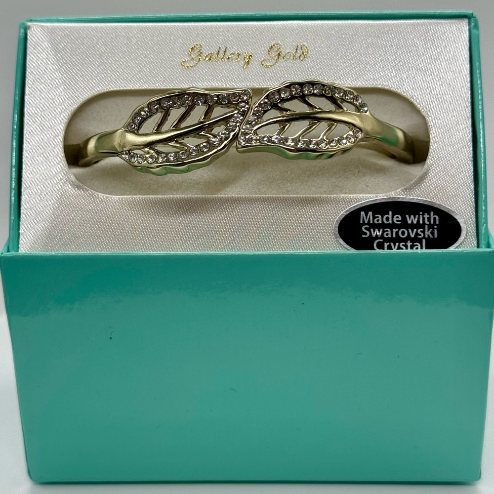 Gold Tone Crystal Filigree Leaf Design Hinged Bangle Bracelet Made w Swarovski